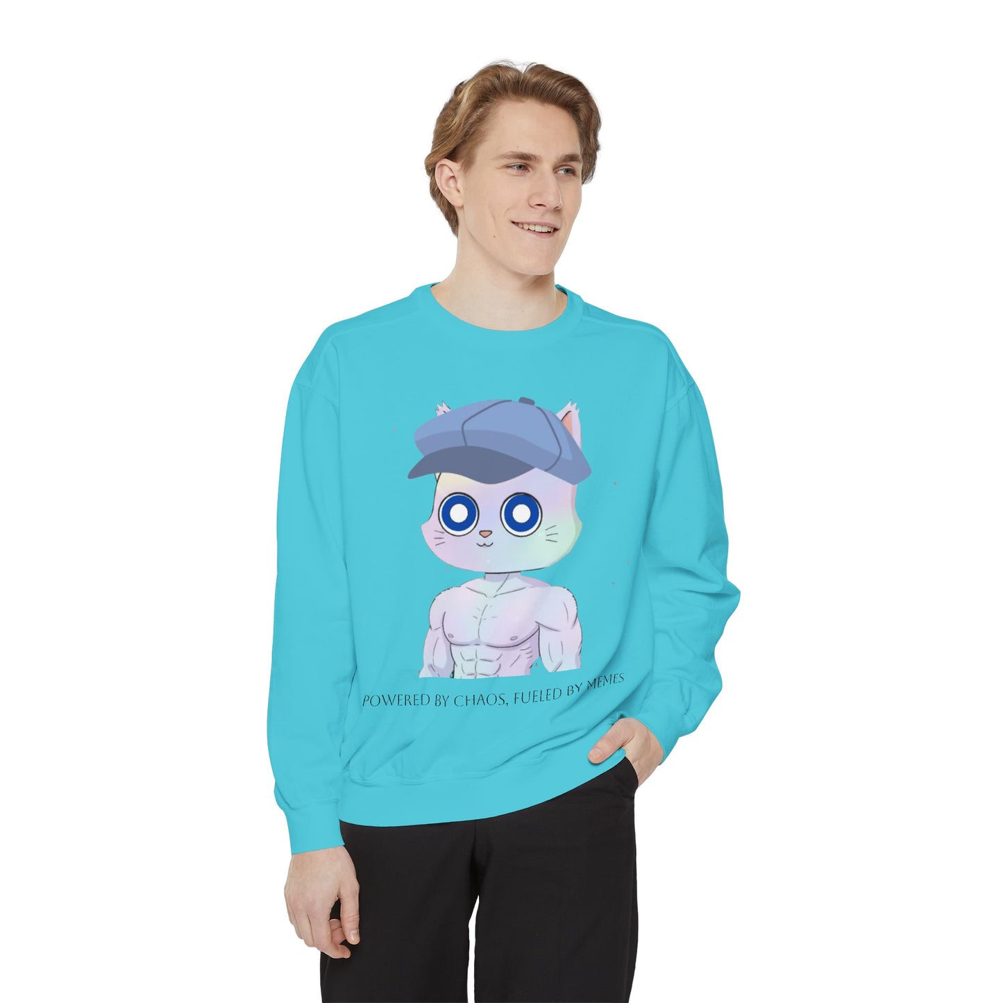 Cute Cartoon Cat Sweatshirt, Unisex Garment-Dyed Pullover, Cozy Casual Wear, Gift for Cat Lovers, Fun Streetwear