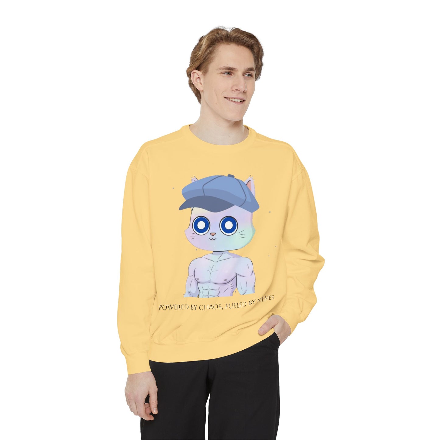 Cute Cartoon Cat Sweatshirt, Unisex Garment-Dyed Pullover, Cozy Casual Wear, Gift for Cat Lovers, Fun Streetwear