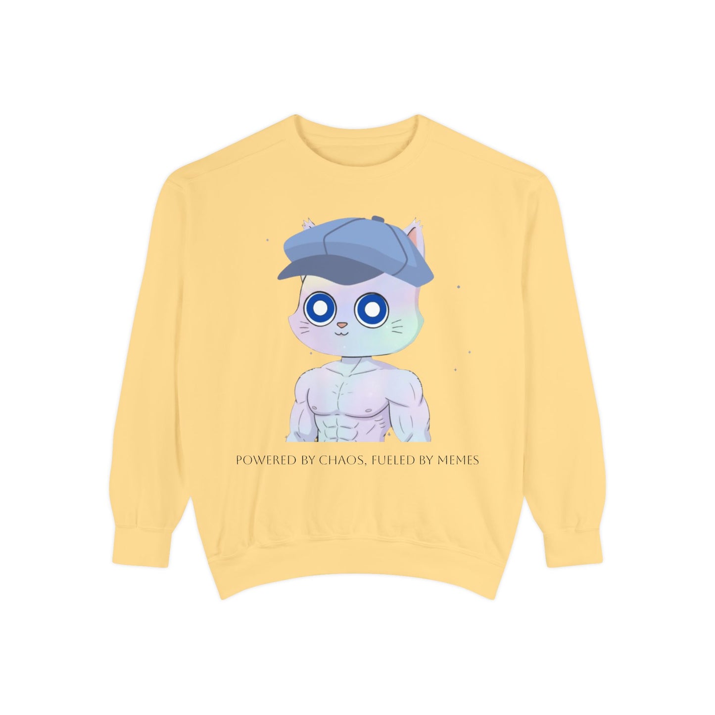 Cute Cartoon Cat Sweatshirt, Unisex Garment-Dyed Pullover, Cozy Casual Wear, Gift for Cat Lovers, Fun Streetwear