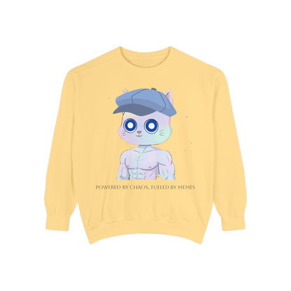 Cute Cartoon Cat Sweatshirt, Unisex Garment-Dyed Pullover, Cozy Casual Wear, Gift for Cat Lovers, Fun Streetwear