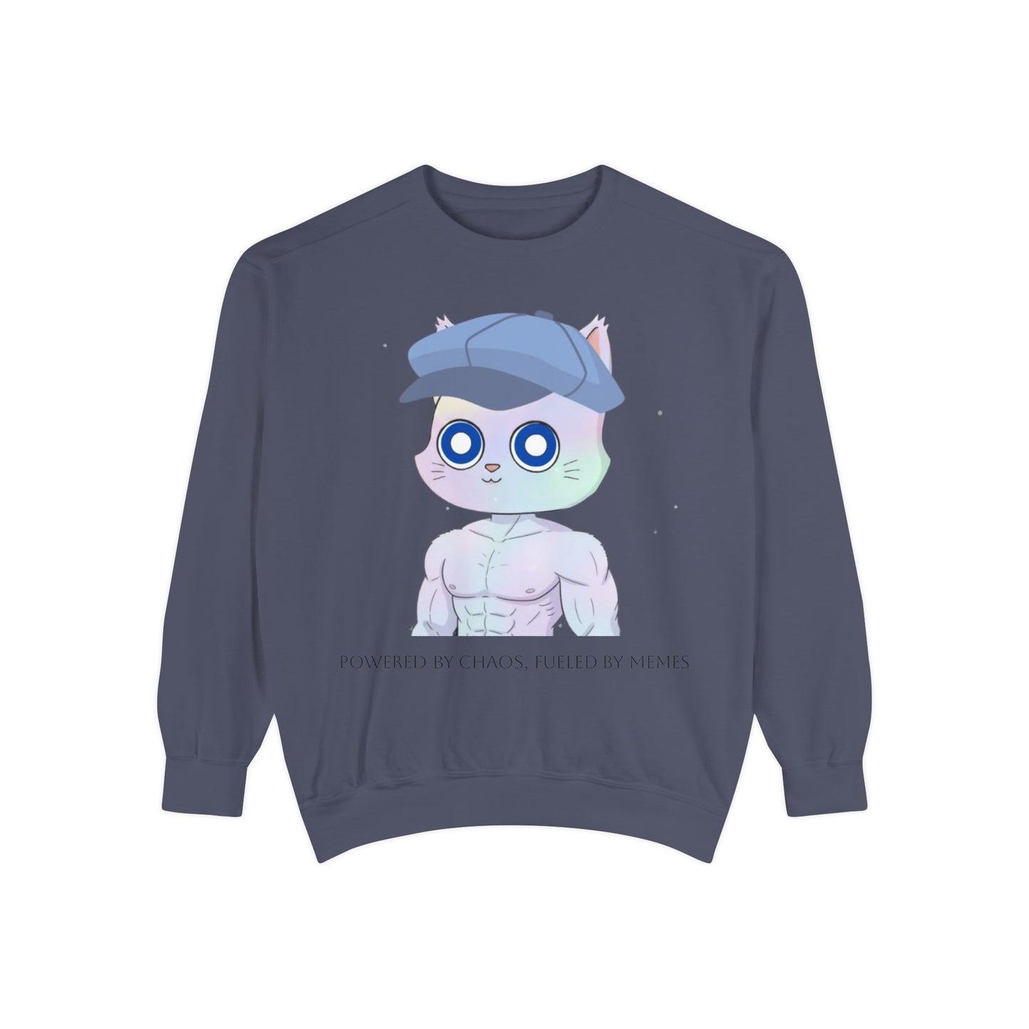 Cute Cartoon Cat Sweatshirt, Unisex Garment-Dyed Pullover, Cozy Casual Wear, Gift for Cat Lovers, Fun Streetwear