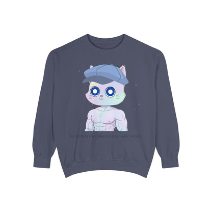 Cute Cartoon Cat Sweatshirt, Unisex Garment-Dyed Pullover, Cozy Casual Wear, Gift for Cat Lovers, Fun Streetwear