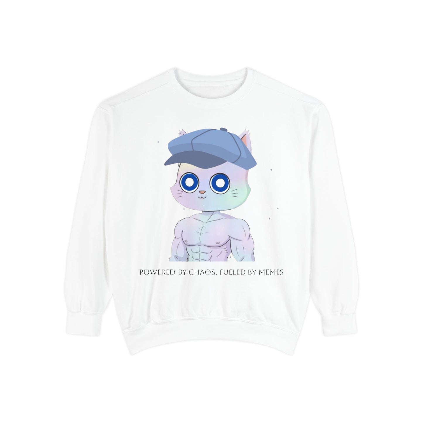 Cute Cartoon Cat Sweatshirt, Unisex Garment-Dyed Pullover, Cozy Casual Wear, Gift for Cat Lovers, Fun Streetwear