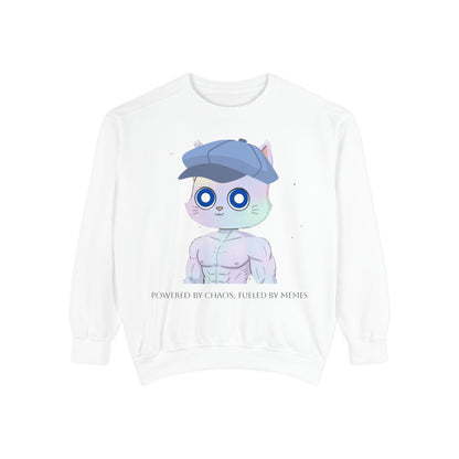 Cute Cartoon Cat Sweatshirt, Unisex Garment-Dyed Pullover, Cozy Casual Wear, Gift for Cat Lovers, Fun Streetwear
