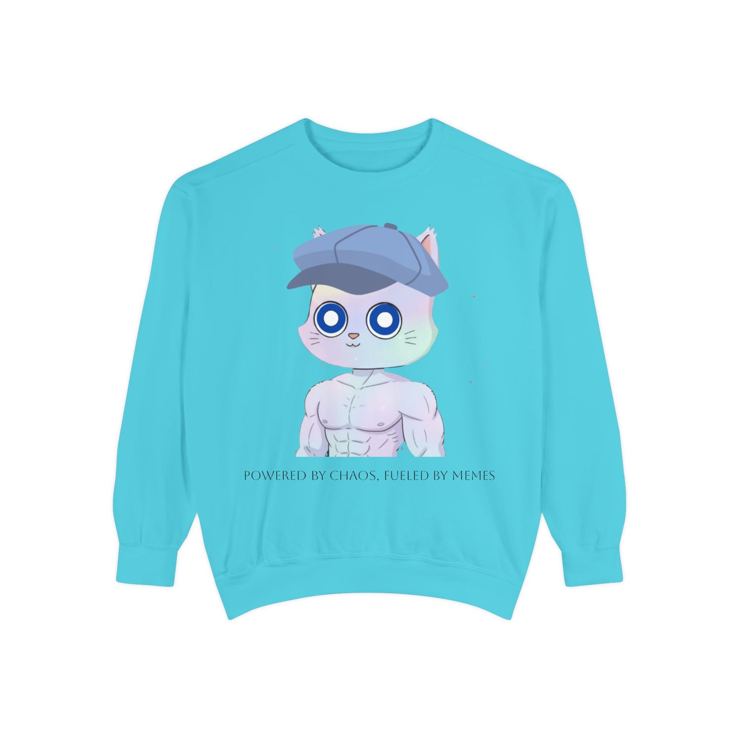 Cute Cartoon Cat Sweatshirt, Unisex Garment-Dyed Pullover, Cozy Casual Wear, Gift for Cat Lovers, Fun Streetwear