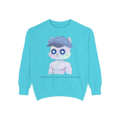 Cute Cartoon Cat Sweatshirt, Unisex Garment-Dyed Pullover, Cozy Casual Wear, Gift for Cat Lovers, Fun Streetwear