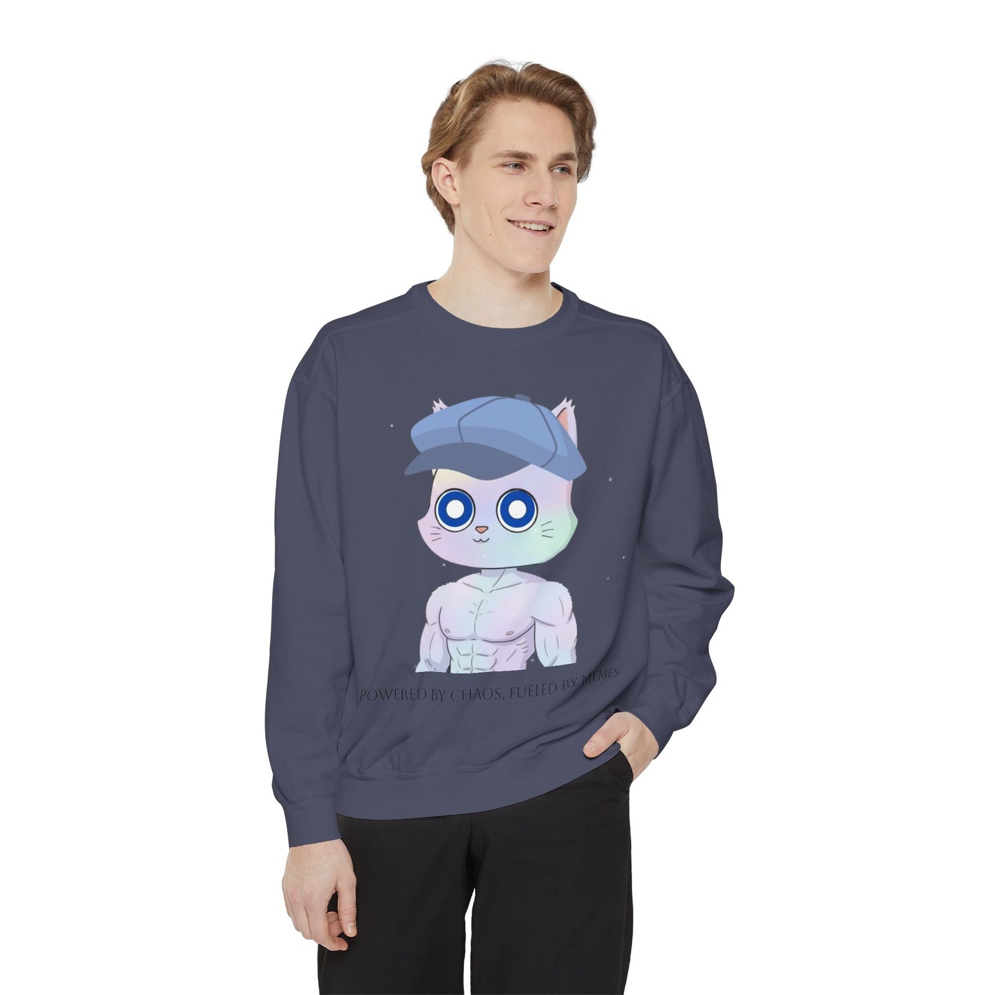 Cute Cartoon Cat Sweatshirt, Unisex Garment-Dyed Pullover, Cozy Casual Wear, Gift for Cat Lovers, Fun Streetwear