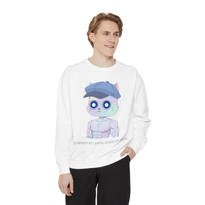 Cute Cartoon Cat Sweatshirt, Unisex Garment-Dyed Pullover, Cozy Casual Wear, Gift for Cat Lovers, Fun Streetwear